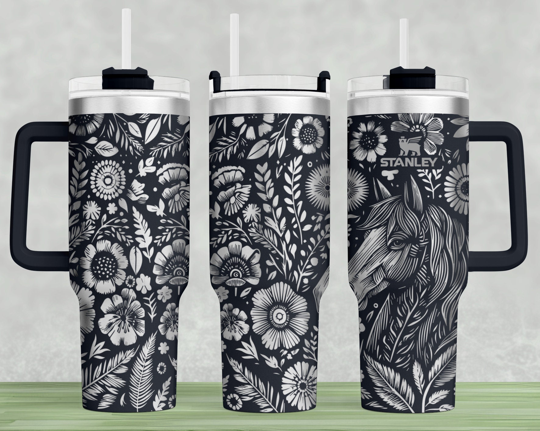 Horses & Flowers Stanley Tumbler Wrap SVG: Laser Engraved 40oz
