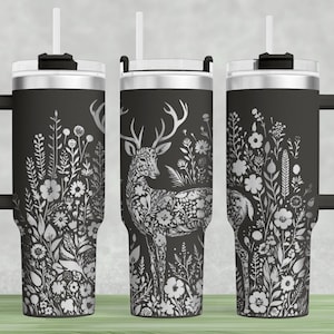 Sehr detaillierte Hirsch Blumen Tumbler Wrap Laser SVG PNG, gravierte Tumbler, 40 Unzen Tumbler Full Wrap Laser SVG, Laser gravierte svg