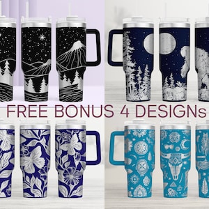 K&ouml;nnte beinhalten: Eine Sammlung isolierter Becher mit verschiedenen Designs. Einige Becher zeigen schwarz-wei&szlig;e Berg- und Waldszenen, w&auml;hrend andere florale Muster und himmlische Themen zeigen. Der Text "FREE BONUS 4 DESIGNS" ist ebenfalls sichtbar.