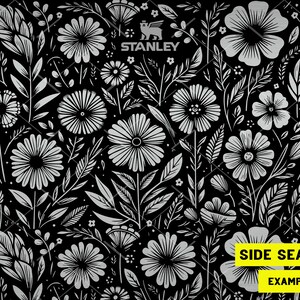 Puede incluir: Un patr&oacute;n sin costuras en blanco y negro que presenta una variedad de flores y hojas estilizadas. El patr&oacute;n se repite en toda la imagen. El texto "SIDE SEAMLESS" y "EXAMPLE IMAGE" es visible en la esquina inferior derecha de la imagen.