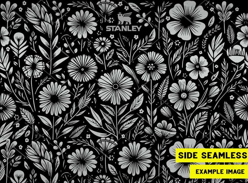 Puede incluir: Un patr&oacute;n sin costuras en blanco y negro que presenta una variedad de flores y hojas estilizadas. El patr&oacute;n se repite en toda la imagen. El texto "SIDE SEAMLESS" y "EXAMPLE IMAGE" es visible en la esquina inferior derecha de la imagen.