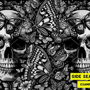 May include: Black and white seamless pattern featuring two skulls and numerous butterflies. The skulls are detailed with shading, and the butterflies vary in size and design. Text in a yellow box reads "SIDE SEAMLESS EXAMPLE IMAGE."