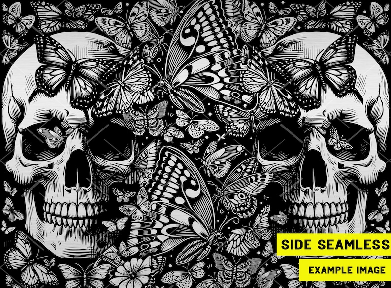 May include: Black and white seamless pattern featuring two skulls and numerous butterflies. The skulls are detailed with shading, and the butterflies vary in size and design. Text in a yellow box reads "SIDE SEAMLESS EXAMPLE IMAGE."