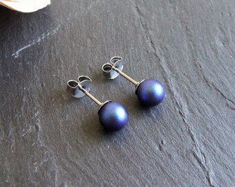 Blue pearl stud earrings, pearl post earrings, surgical steel earrings, 6mm pearl earrings, iridescent blue, gift for her, office jewelry