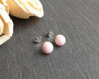 Pink pearl stud earrings, single pearl post earrings, pastel pink, surgical steel earrings, 8mm pearls, get well gift, office jewelry