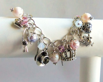 Alice in Wonderland pink and white charm bracelet, pearl and crystal, pastel colours, Alice jewelry, pearl bracelet, get well gift for her