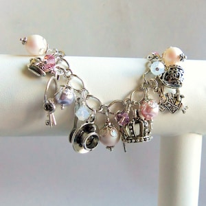 Alice in Wonderland pink and white charm bracelet, pearl and crystal, pastel colours, Alice jewelry, pearl bracelet, get well gift for her