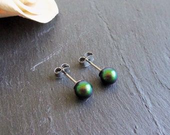 Green pearl stud earrings, single pearl post earrings, simple studs, surgical steel earrings, 6mm pearl earrings, scarabaeus green