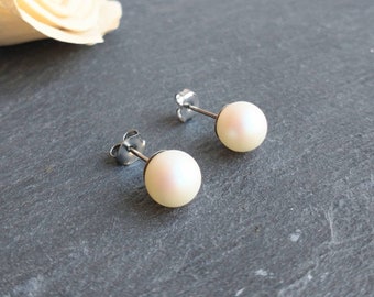 White pearl stud earrings, pearlescent white pearl post earrings, surgical steel earrings, 8mm pearl earrings, simple pearl bridal studs