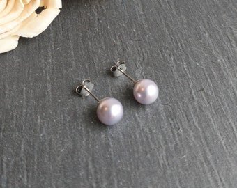 Lavender pearl stud earrings, large single pearl post earrings, surgical steel earrings, 8mm pearl earrings, simple pearl studs, bridesmaid