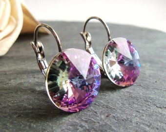 Large pink crystal drop earrings, single crystal earrings, surgical steel earrings, 14mm AB rivoli, leverback stainless, office jewelry