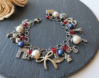 Paris France blue, white and red charm bracelet, pearl and crystal, Paris charm bracelet, French jewelry, vacation memory gift for her