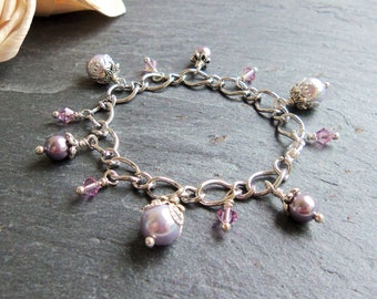 Child's purple and lavender pearl and crystal bracelet, girl's bracelet, children's bracelet, princess jewelry, flower girl jewelry