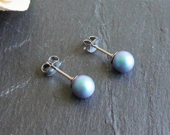 Blue pearl stud earrings, single pearl post earrings, surgical steel earrings, 6mm pearl earrings, iridescent light blue, office jewelry