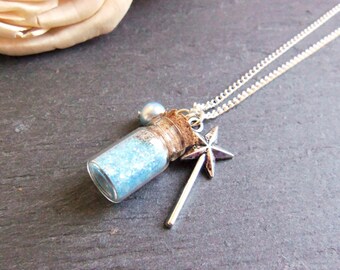 Child's blue glitter bottle charm necklace, girl's necklace, wand charm, fairy dust, mini glitter bottle necklace, gift for a girl, get well