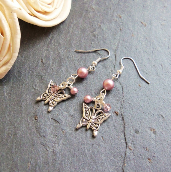 Pink Butterfly Earrings with Rose Swarovski(R) Crystals Sterling Silver Pink Butterfly Earrings with Rose Swarovski(R) Crystals Sterling Silver