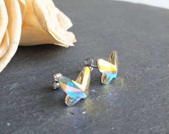 Butterfly crystal stud earrings, crystal post earrings, surgical steel earrings, 10mm AB crystal butterfly earrings, jewelry for work