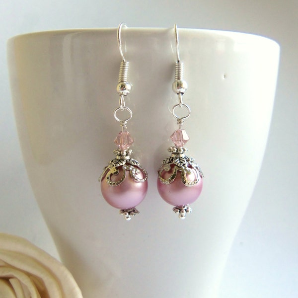 Pink pearl and crystal drop earrings, sterling silver earrings, pink dangle earrings, prom jewelry, surgical steel, get well gift