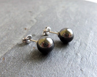 Black pearl stud earrings, single pearl post earrings, surgical steel earrings, 8mm pearl earrings, large pearl studs, simple pearl studs