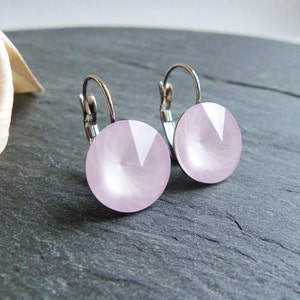 Grosse rosa Einkristall Ohrringe, Swarovski Kristall Ohrringe, Chirurgenstahl Ohrringe, 14mm blass rosa, Brisur Kristall pastel rosa