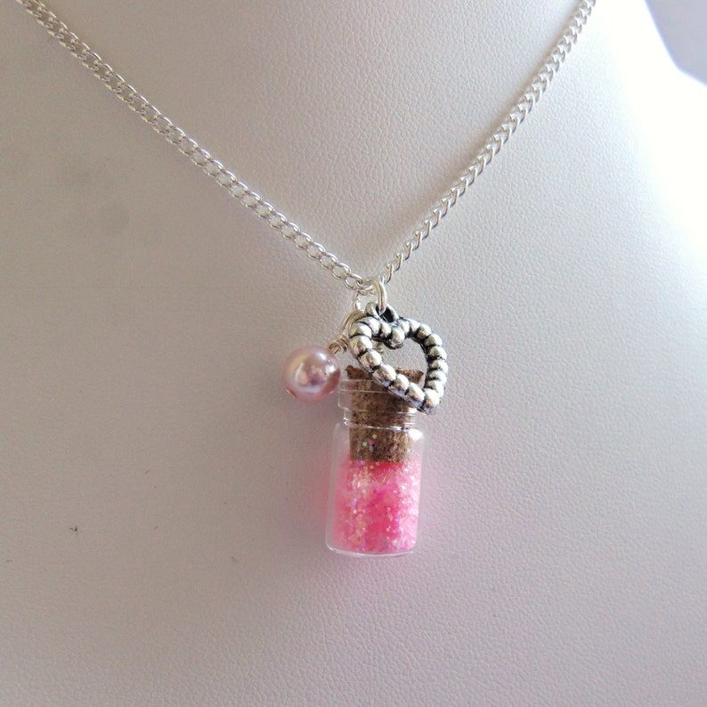 Child's pink glitter bottle charm necklace, girl's necklace, heart charm, pink fairy dust, mini glitter bottle necklace, gift for a girl image 4