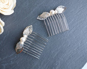 White pearl leaf hair combs, pair combs, high quality pearl comb, leaf hair accessories, silver leaves comb, small pearl combs, bridal comb