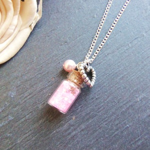 Child's pink glitter bottle charm necklace, girl's necklace, heart charm, pink fairy dust, mini glitter bottle necklace, gift for a girl image 3