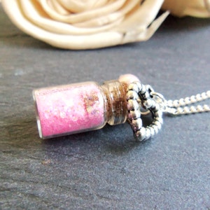 Child's pink glitter bottle charm necklace, girl's necklace, heart charm, pink fairy dust, mini glitter bottle necklace, gift for a girl image 2