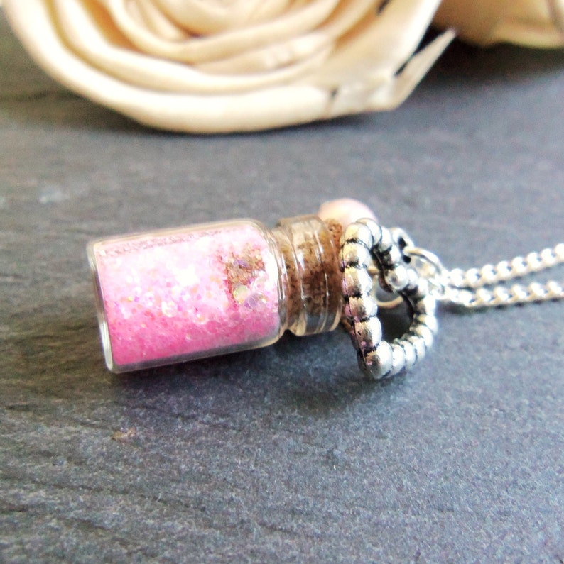 Child's pink glitter bottle charm necklace, girl's necklace, heart charm, pink fairy dust, mini glitter bottle necklace, gift for a girl image 2