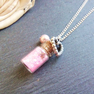 Child's pink glitter bottle charm necklace, girl's necklace, heart charm, pink fairy dust, mini glitter bottle necklace, gift for a girl image 1