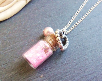 Child's pink glitter bottle charm necklace, girl's necklace, heart charm, pink fairy dust, mini glitter bottle necklace, gift for a girl