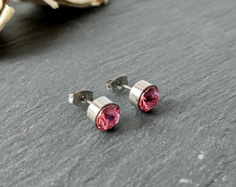 Pink crystal stud earrings, chunky crystal studs, 7mm round crystals, surgical steel studs, thick metal studs, rose pink crystal studs