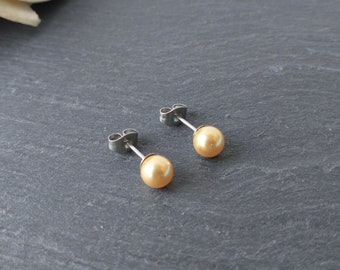 Gold pearl stud earrings, simple pearl post earrings, surgical steel earrings, 6mm gold pearl earrings, small pearl studs, steel studs