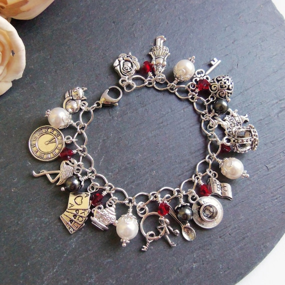 Alice in Wonderland Red and White Charm Bracelet Pearl and - Etsy
