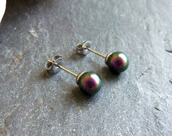 Purple pearl stud earrings, simple pearl post earrings, dark studs, surgical steel earrings, 6mm pearl earrings, iridescent office jewelry