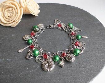 The Little Mermaid charm bracelet, green and red pearl and crystal, fairytale jewelry, Little Mermaid jewelry, green pearl, gift for her