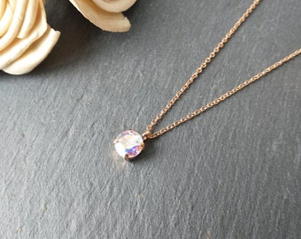 Rose gold AB crystal pendant necklace, bridesmaid jewelry, simple crystal necklace, aurora borealis crystal, bridal jewelry, minimalist