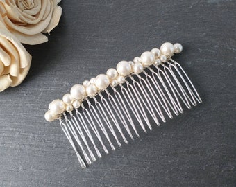 White pearl hair comb, quality pearl comb, pearl hair piece, bridal hair comb, boho bridal comb, silver comb, wedding veil comb