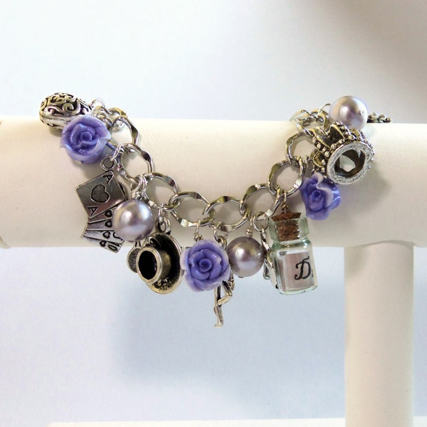 Alice in Wonderland purple and silver charm bracelet, clay roses, Drink Me bottle, Alice jewelry, Swarovski pearl bracelet, teenage girl