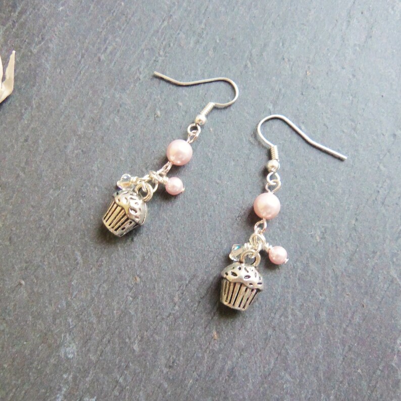 Pink pearl and crystal cupcake charm earrings, pink cupcake jewelry, cake earrings, surgical steel earrings, get well gift for teenage girl image 4
