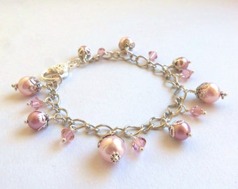 Pink pearl and crystal bracelet, pink pearl bracelet, pearl bracelet, princess jewelry, sweet 16, gift for teenage girl, office jewelry