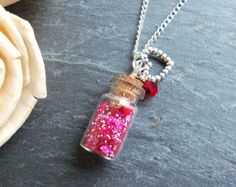 Child's red and pink glitter bottle charm necklace, heart charm, red crystal, mini glitter bottle necklace, gift for a girl, fairy dust