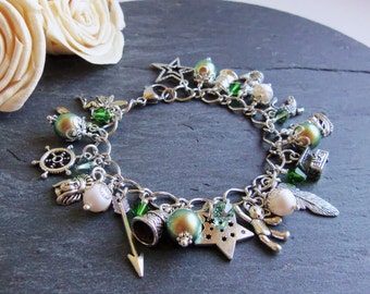 Peter Pan green and white charm bracelet, pearl and crystal, fairytale jewelry, Peter Pan jewelry, iridescent pearl, Peter Pan charm