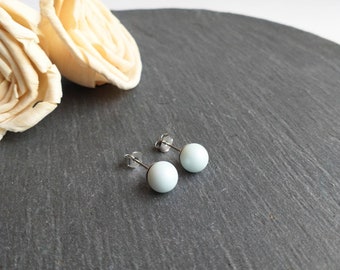 Light blue pearl stud earrings, simple pearl post earrings, surgical steel earrings, 8mm pearl earrings, pastel blue, cute office jewelry