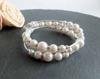 White pearl memory wire bracelet, slip on pearl bracelet, get well gift, spiral bracelet, bridal jewelry, wedding bracelet, simple modern