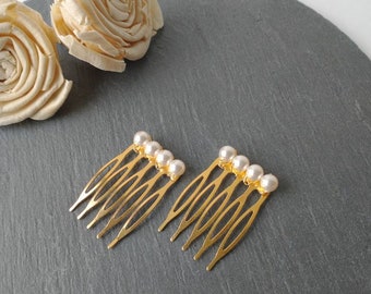 White pearl hair combs, pair combs, gold pearl comb, pearl hair accessories, small pearl combs, bridal comb, simple comb set, bridesmaid