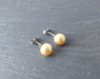 Gold pearl stud earrings, large pearl post earrings, surgical steel earrings, 8mm gold pearl earrings, simple pearl jewelry, steel studs