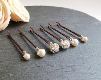White pearl and crystal hair pins- mixed set of 6, single pearl pins, quality hair pins, hair accessories, wedding bobby pins, bridesmaid