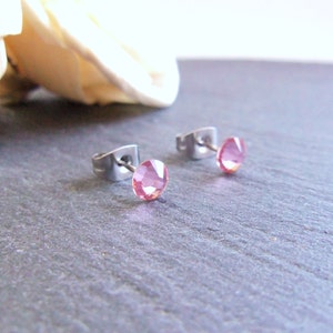 Pink stud earrings, Swarovski crystal post earrings, Swarovski Elements, surgical steel earrings, 5mm pink crystal earrings, gift for girl