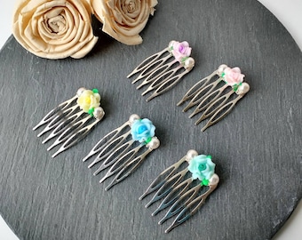 Flower hair comb, child's hair accessory, gift for flower girl, flower girl comb, clay rose, pink blue green purple yellow, bridesmaid